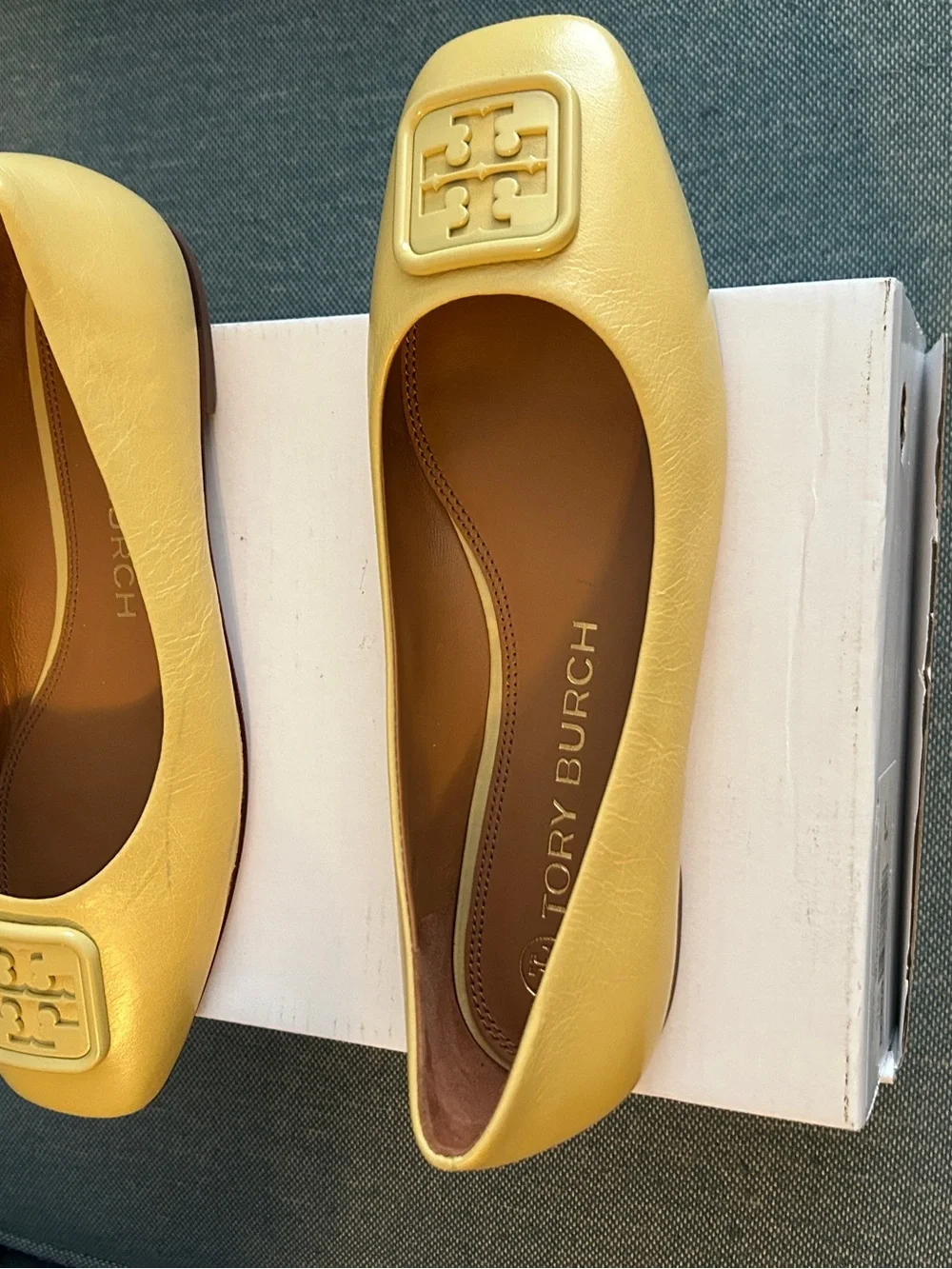 Tory Burch Lemon Yellow Logo Square-Toe Leather Flats - Picture 2 of 7